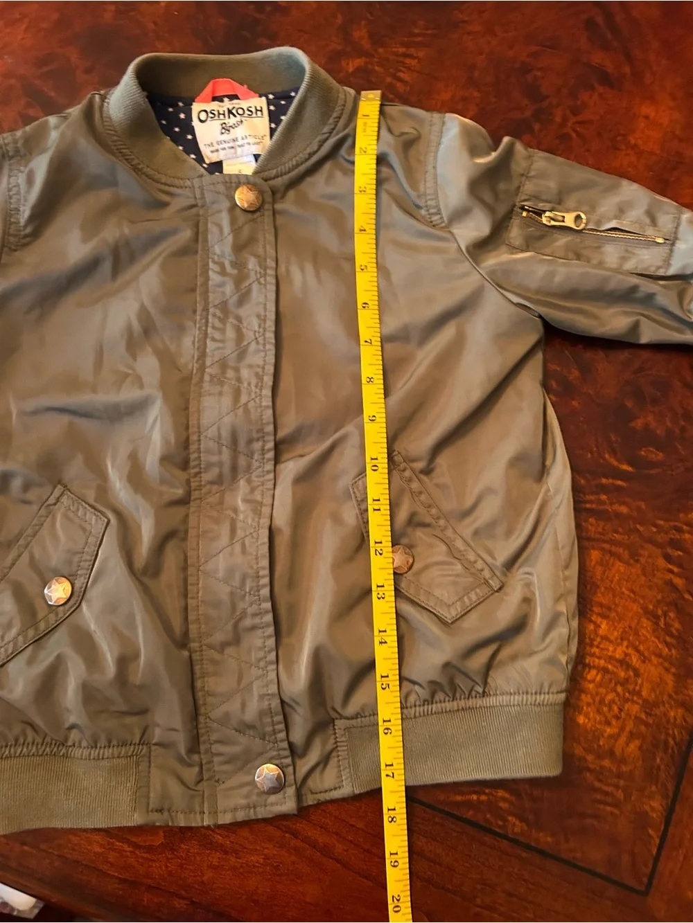 OshKosh B'gosh Girls Bomber Jacket 8 Olive Green Coat Gold Buttons